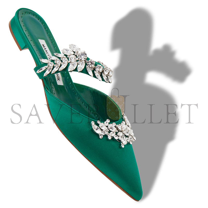 MANOLO BLAHNIK LURUMFLATUS GREEN SATIN CRYSTAL EMBELLISHED FLAT MULES 122-1947-0001