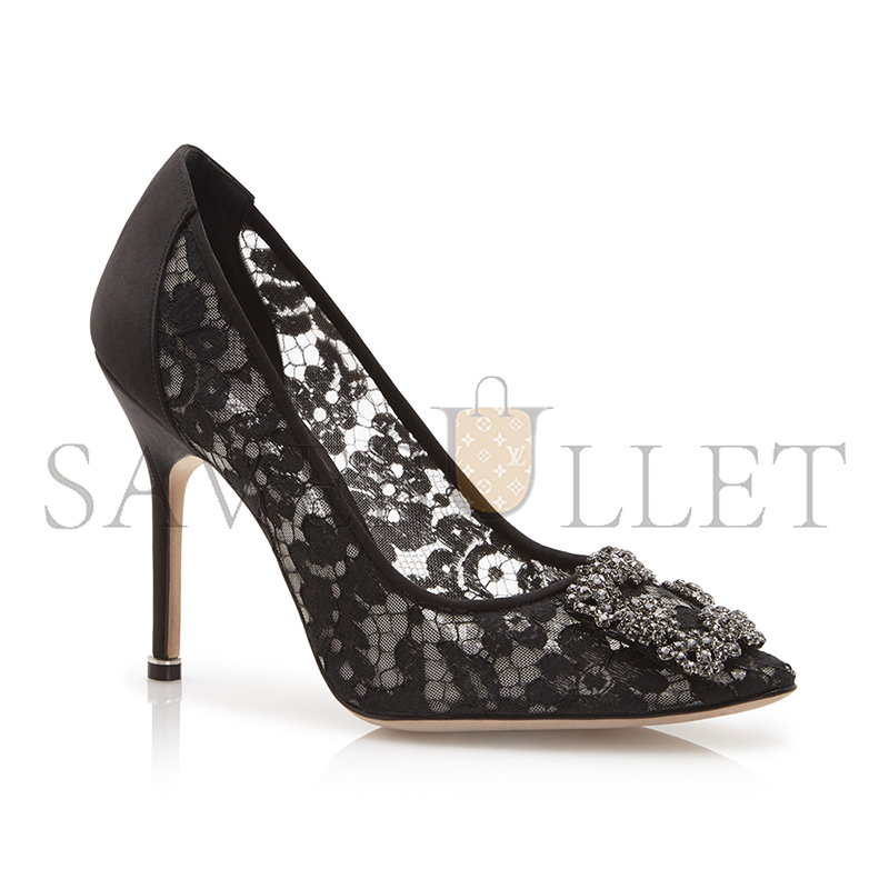 MANOLO BLAHNIK HANGISI LACEUS BLACK LACE JEWEL BUCKLE PUMPS 9XX-0698-0014