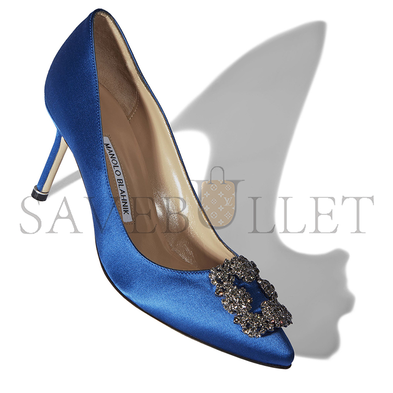 MANOLO BLAHNIK HANGISI 70 BLUE SATIN JEWEL BUCKLE PUMPS 9XX-0662-0053