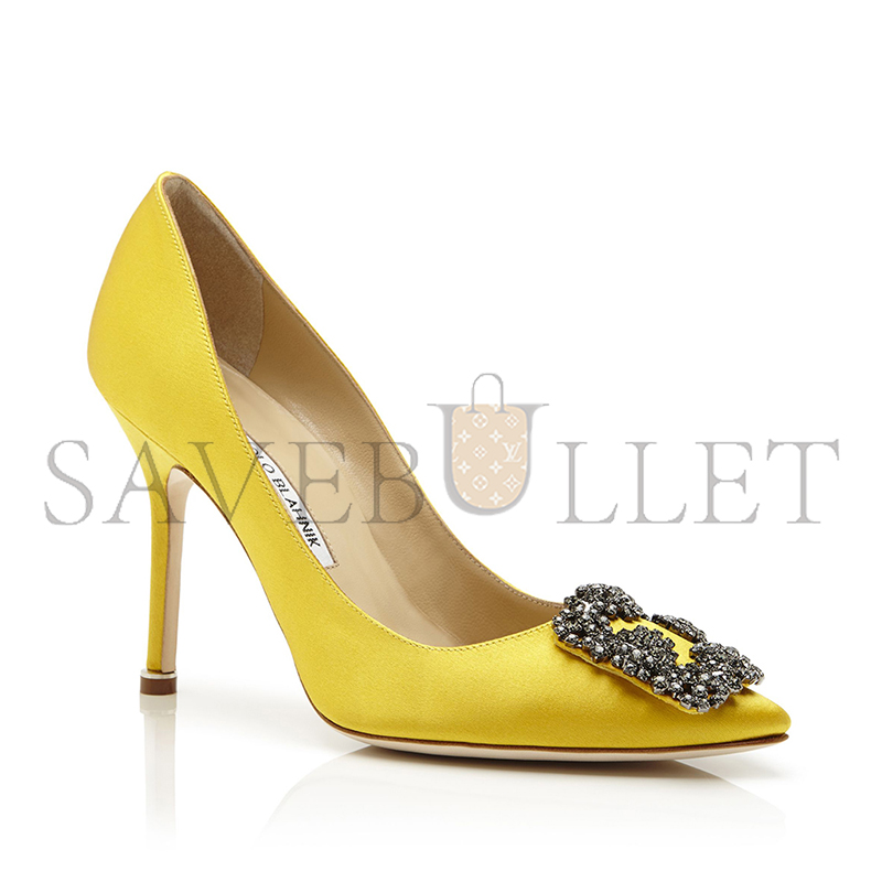 MANOLO BLAHNIK HANGISI YELLOW SATIN JEWEL BUCKLE PUMPS 9XX-0664-0031
