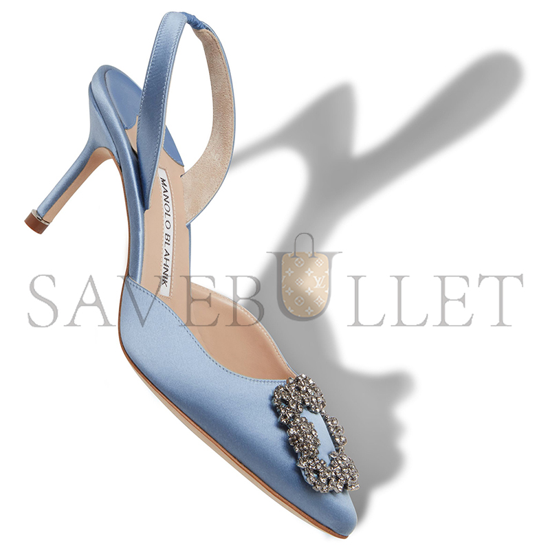 MANOLO BLAHNIK HANGISLI LIGHT BLUE SATIN JEWEL BUCKLE SLINGBACK PUMPS 419-0473-0014