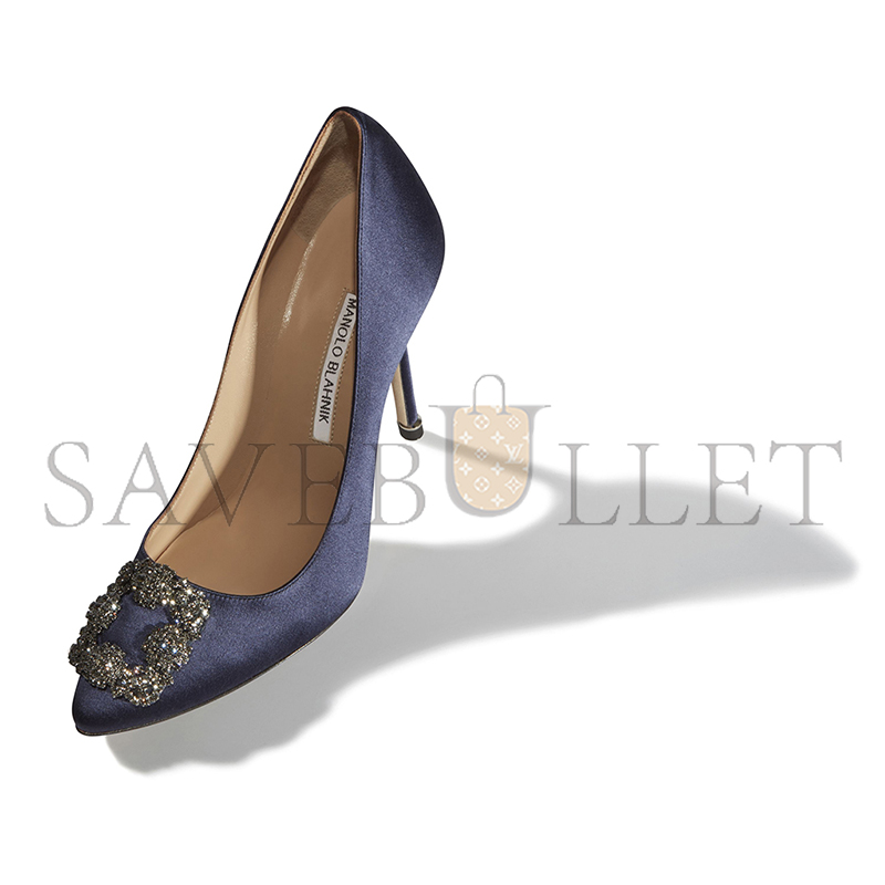 MANOLO BLAHNIK HANGISI NAVY BLUE SATIN JEWEL BUCKLE PUMPS 9XX-0664-0050