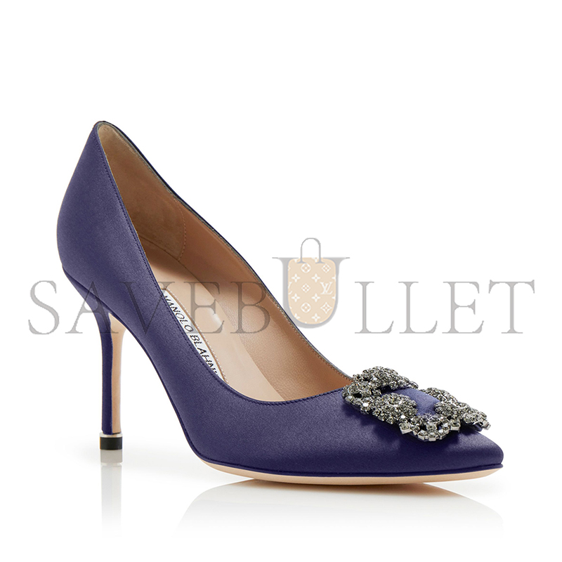 MANOLO BLAHNIK HANGISI 90 DARK BLUE SATIN JEWEL BUCKLE PUMPS 9XX-0663-0031