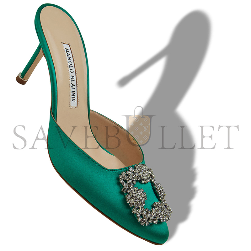 MANOLO BLAHNIK HANGISIMU GREEN SATIN JEWEL BUCKLE MULES 9XX-0726-0050