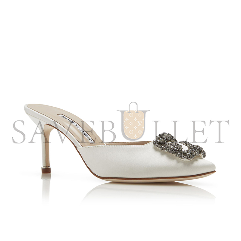 MANOLO BLAHNIK HANGISIMU OFF-WHITE SATIN JEWEL BUCKLE MULES 9XX-0726-0036