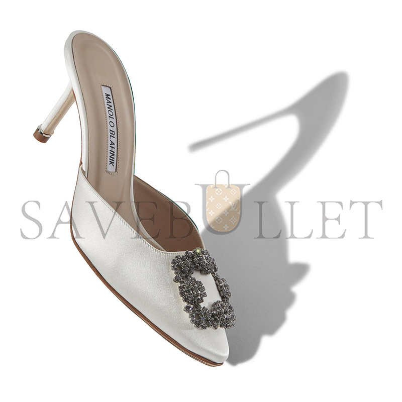 MANOLO BLAHNIK HANGISIMU OFF-WHITE SATIN JEWEL BUCKLE MULES 9XX-0726-0036