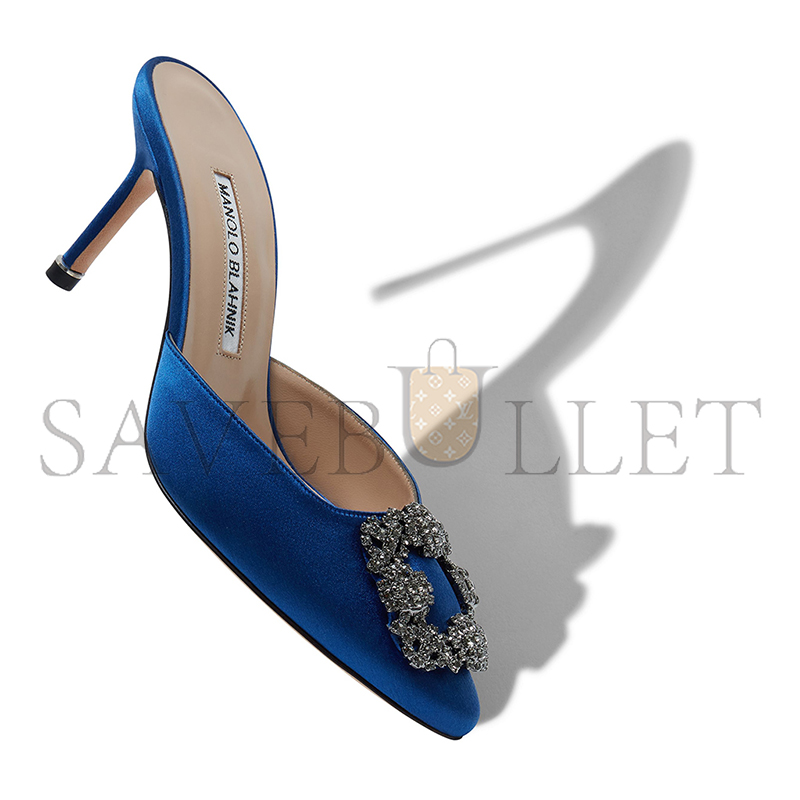 MANOLO BLAHNIK HANGISIMU BLUE SATIN JEWEL BUCKLE MULES 9XX-0726-0029