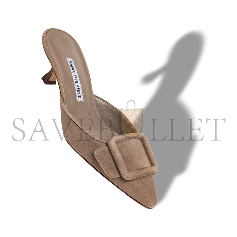 MANOLO BLAHNIK MAYSALE LIGHT BROWN SUEDE BUCKLE DETAIL MULES 9XX-0246-0079