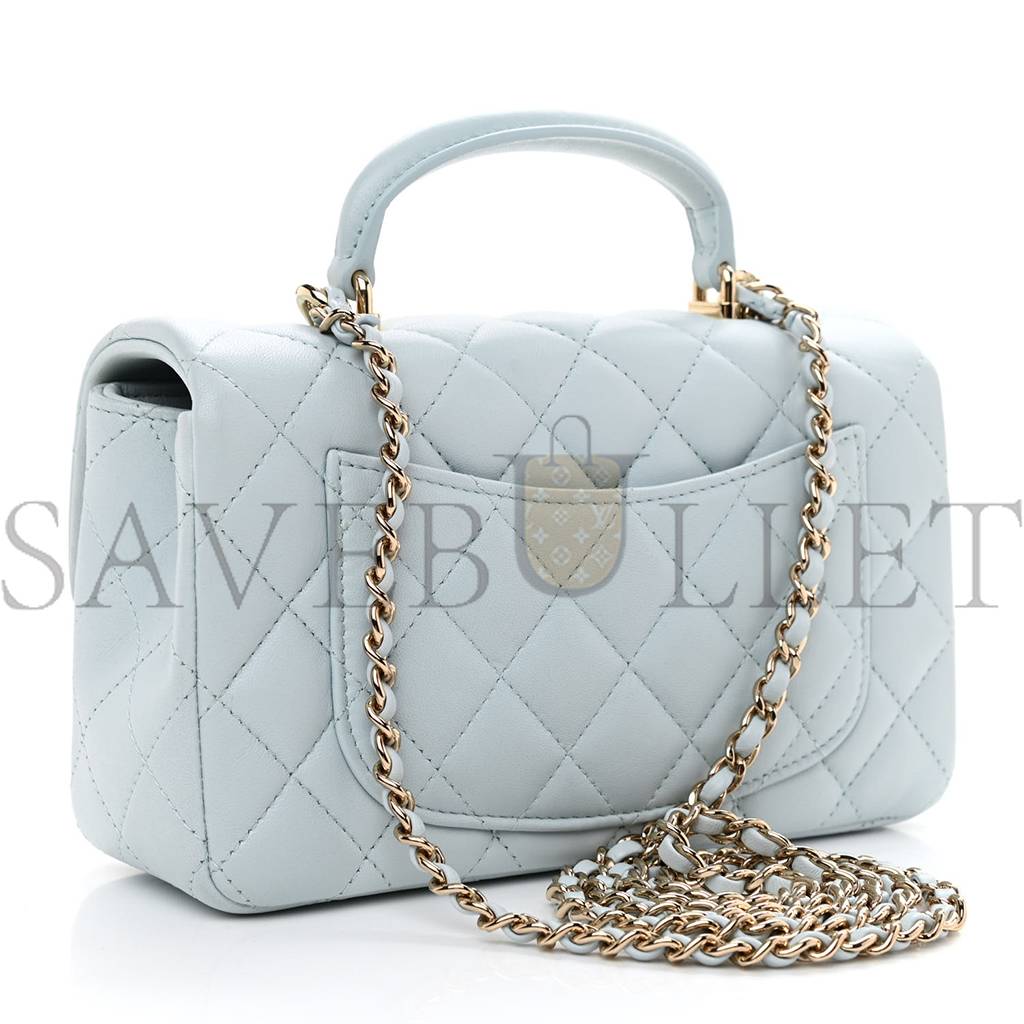 Ch*el lambskin quilted mini top handle rectangular flap light blue rose gold hardware (19*12*6cm)