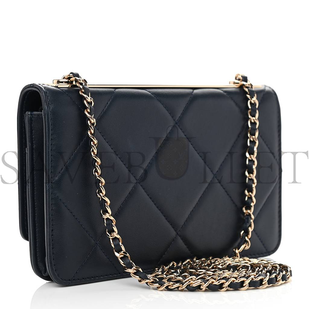 Ch*el lambskin quilted trendy cc wallet on chain woc navy rose gold hardware (19*12*3cm)
