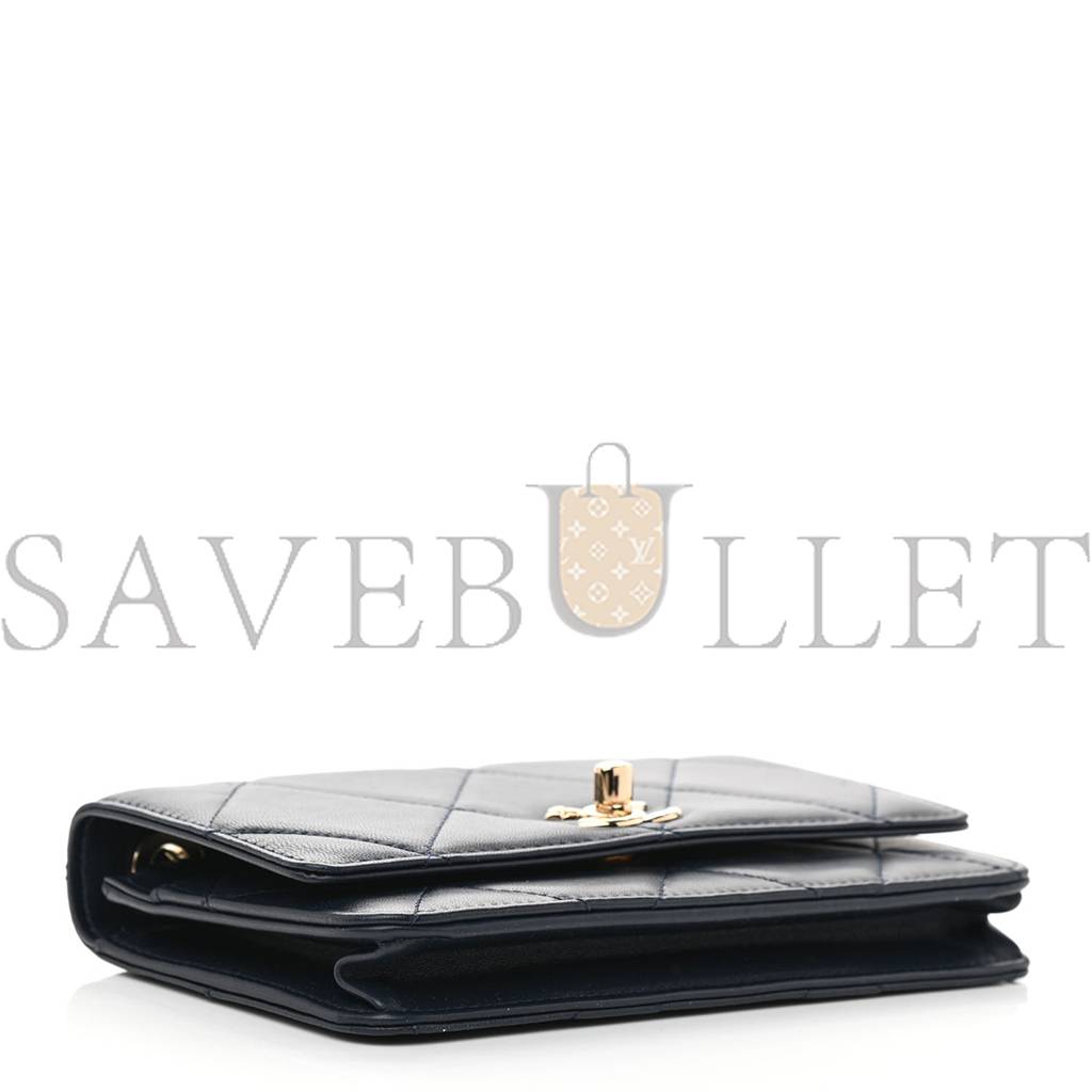 Ch*el lambskin quilted trendy cc wallet on chain woc navy rose gold hardware (19*12*3cm)