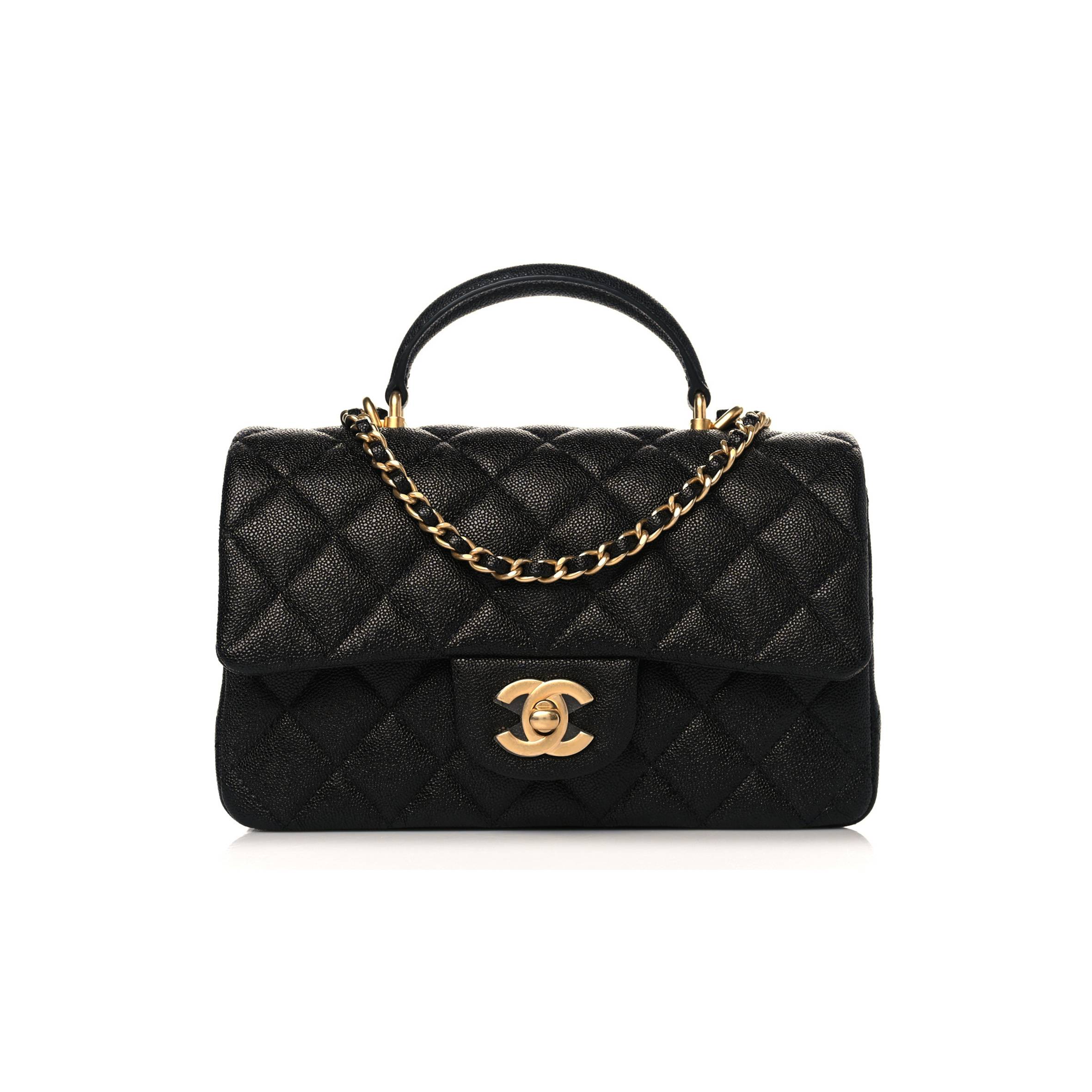 Ch*el caviar quilted mini top handle rectangular flap black gold hardware (20*13*6cm)