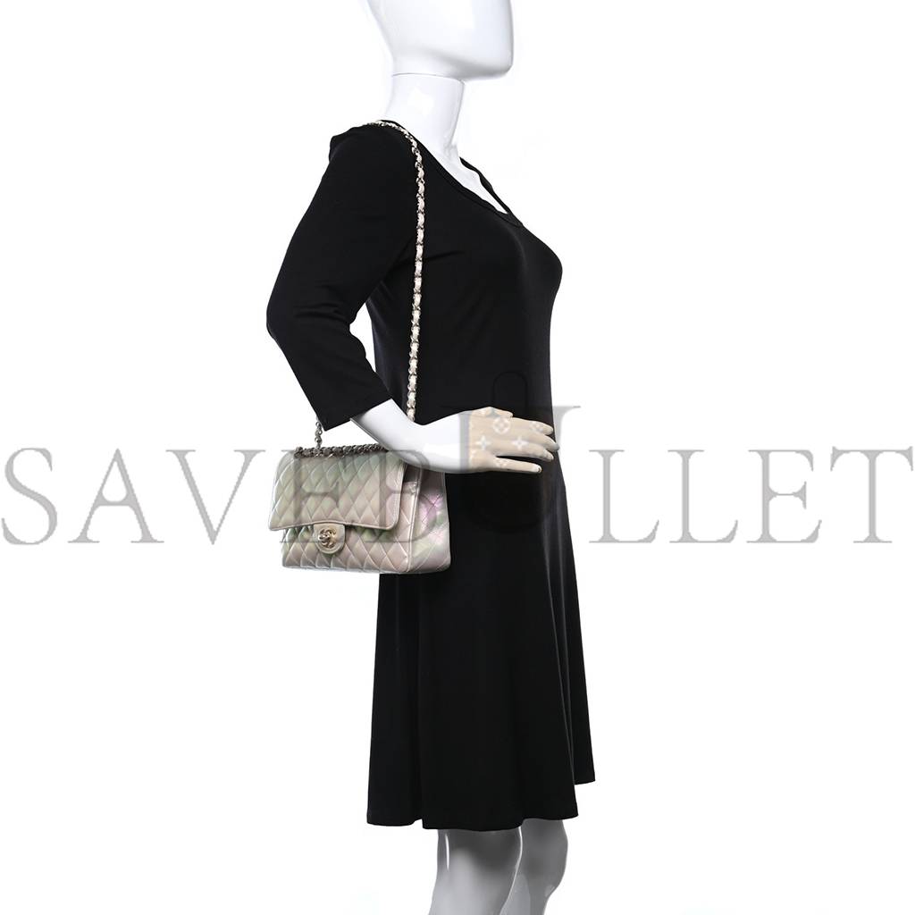 Ch*el iridescent lambskin quilted medium double flap ivory rose gold hardware (25*15*6cm)