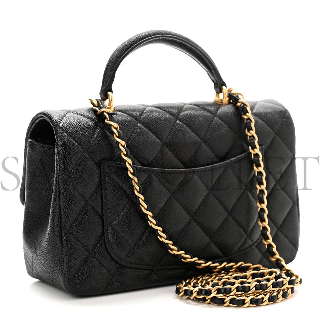 Ch*el caviar quilted mini top handle rectangular flap black gold hardware (20*13*6cm)
