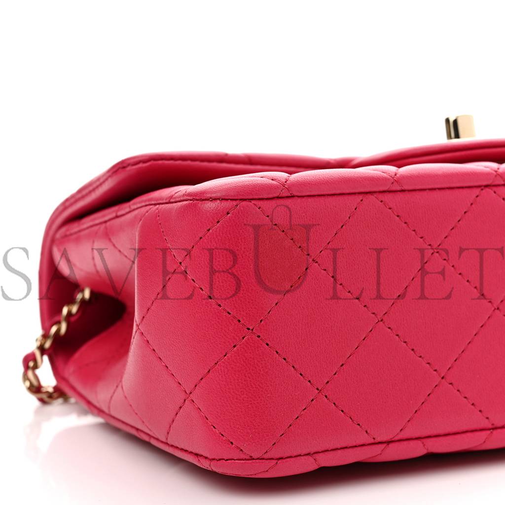 Ch*el lambskin quilted mini top handle rectangular flap dark pink rose gold hardware (19*13*7cm)