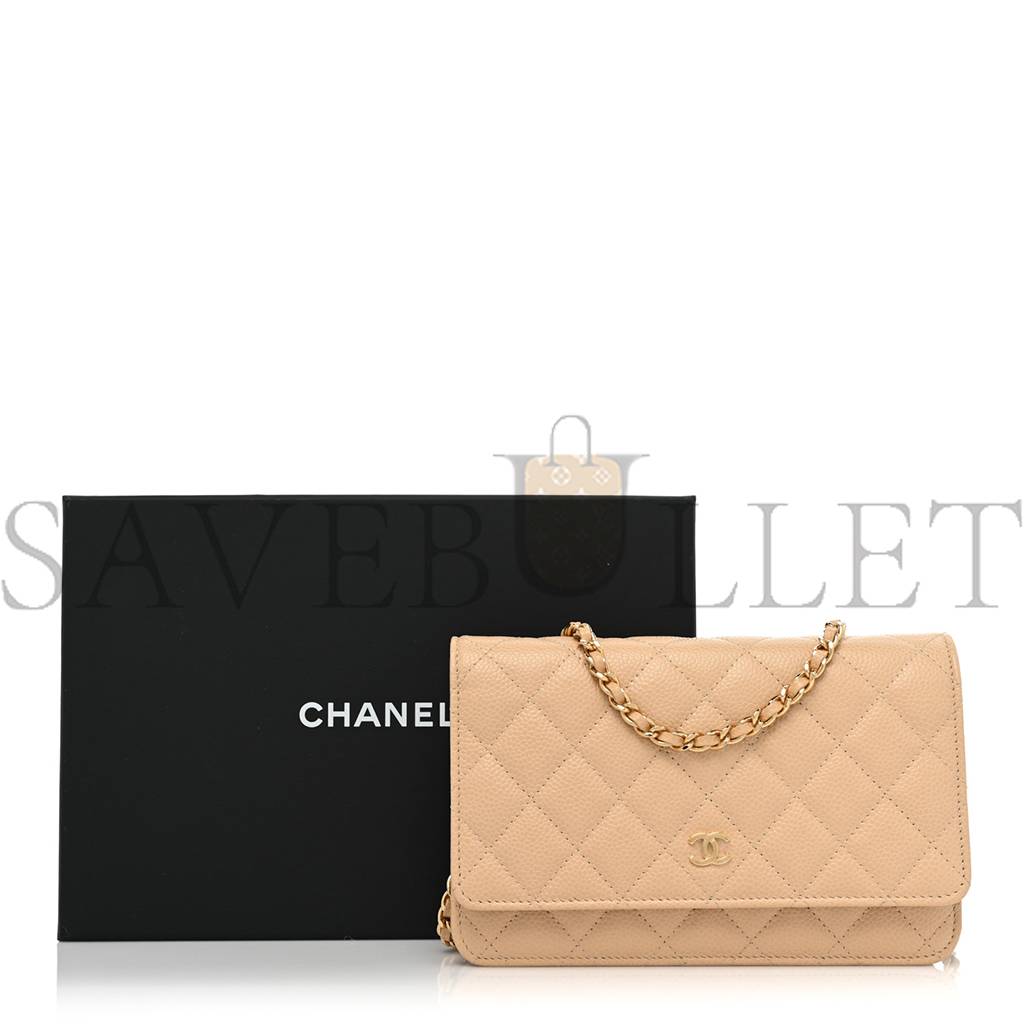 Ch*el caviar quilted wallet on chain woc beige rose gold hardware (20*13*3cm)