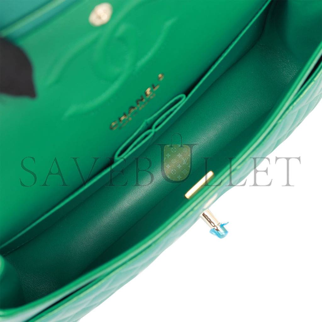 Ch*el medium classic double flap bag green iridescent lambskin light gold hardware (25*15*7cm)