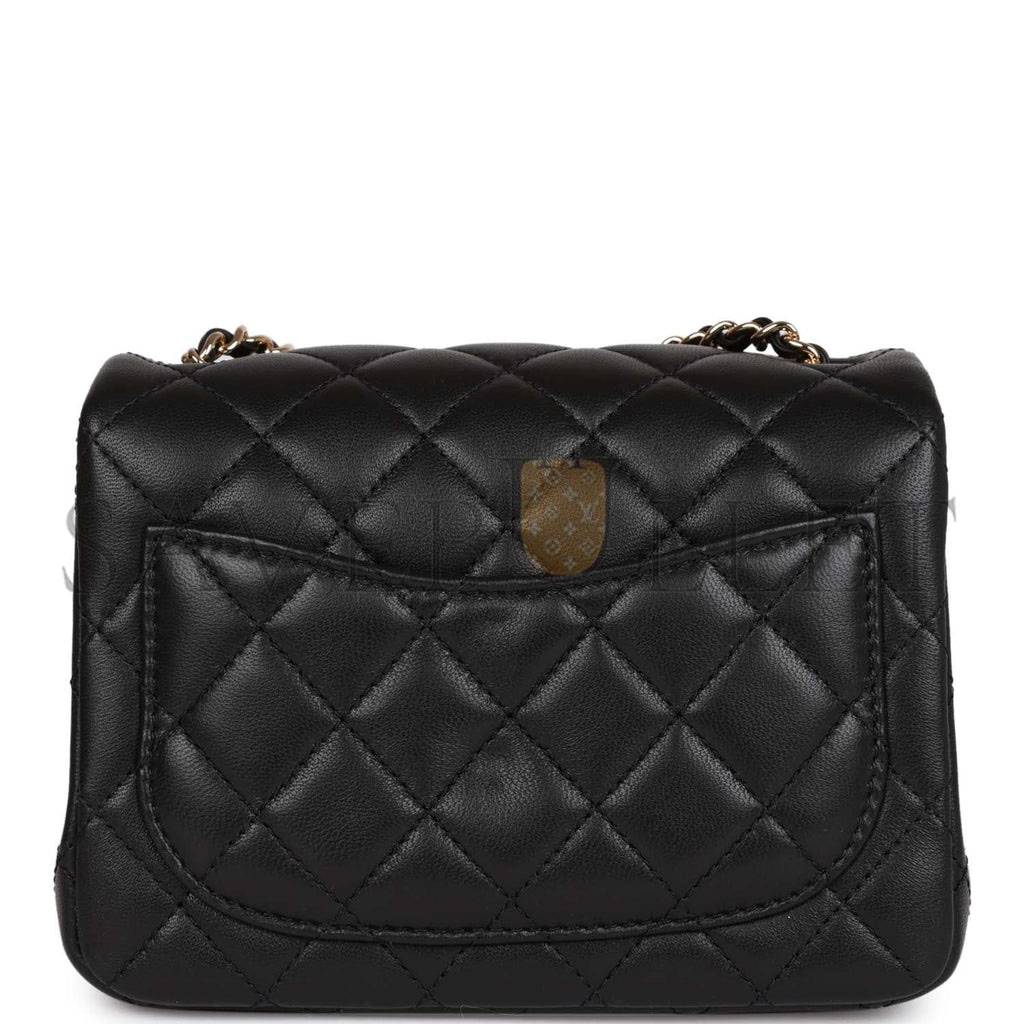 Ch*el pearl crush mini square flap bag black lambskin light gold hardware (17*14*8cm)