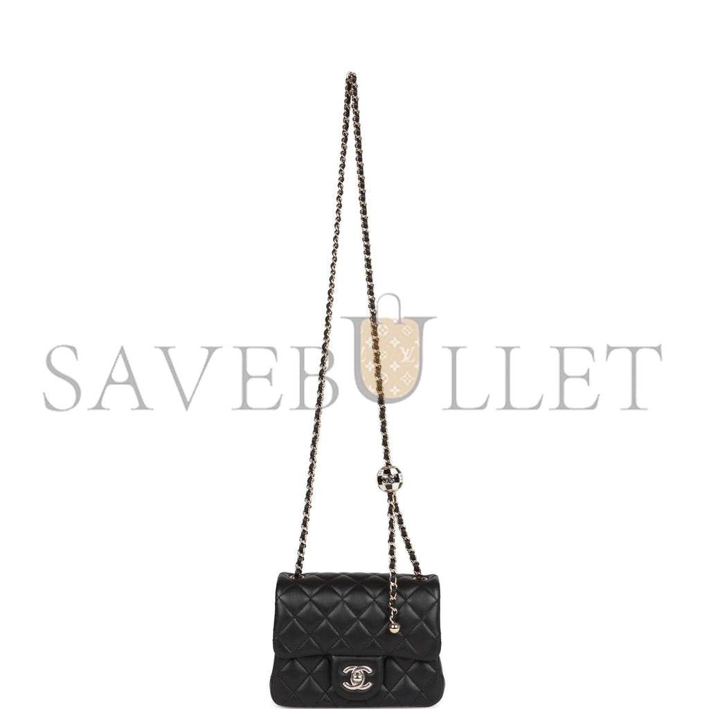 Ch*el pearl crush mini square flap bag black lambskin light gold hardware (17*14*8cm)
