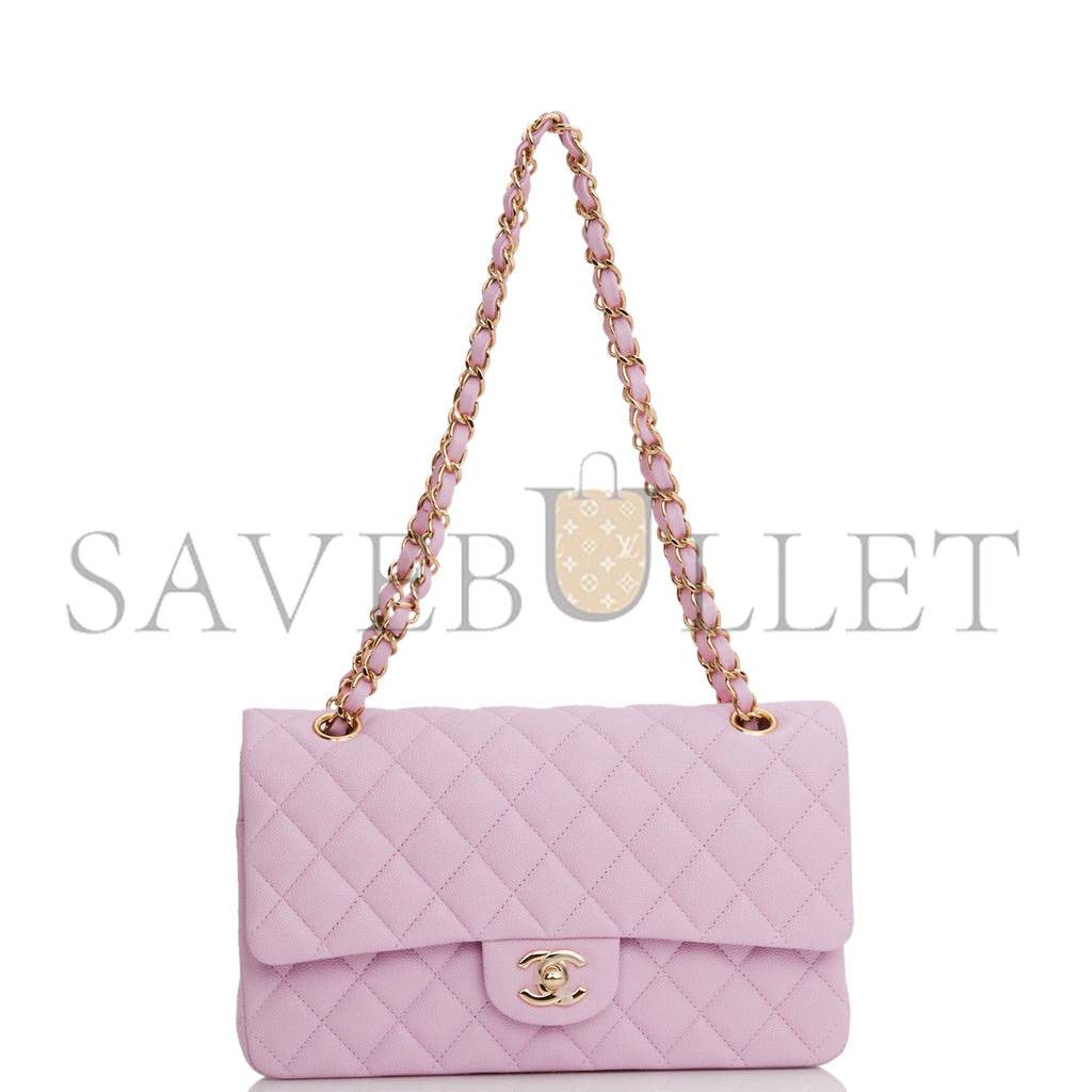 Ch*el medium classic double flap bag rose clair caviar light gold hardware (25*15*7cm)