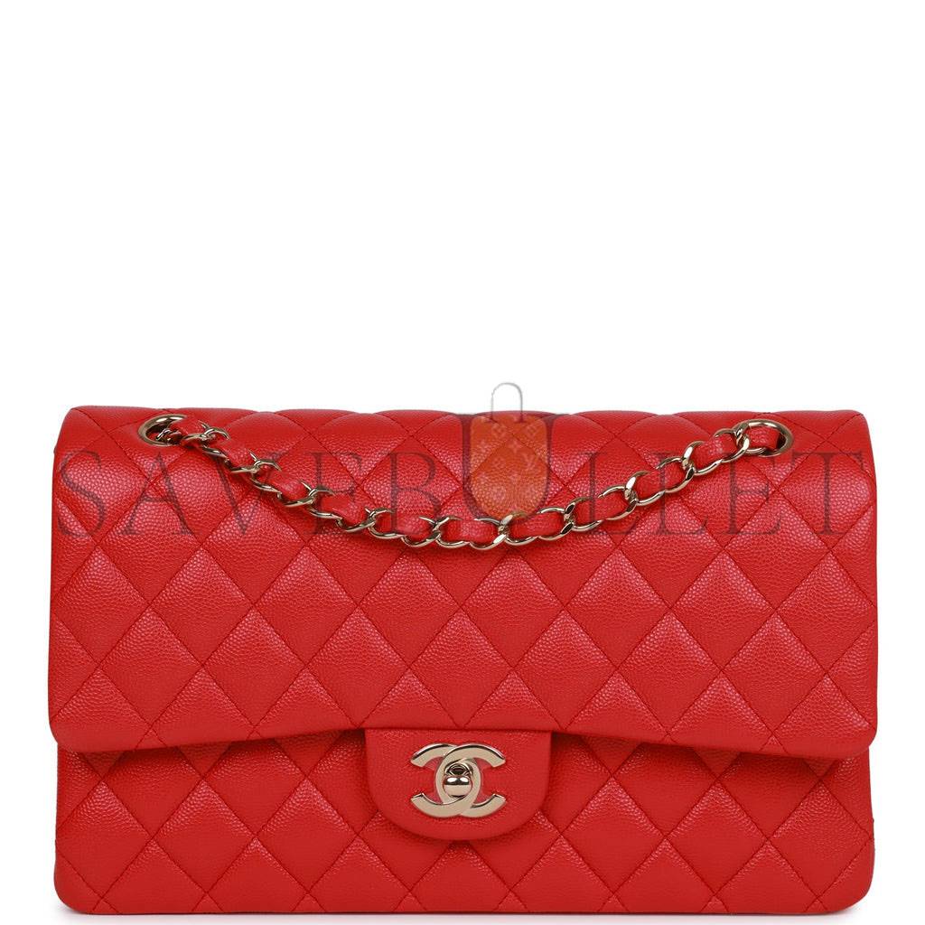 Ch*el medium classic double flap bag red caviar light gold hardware (25.5*15.5*6.5cm)