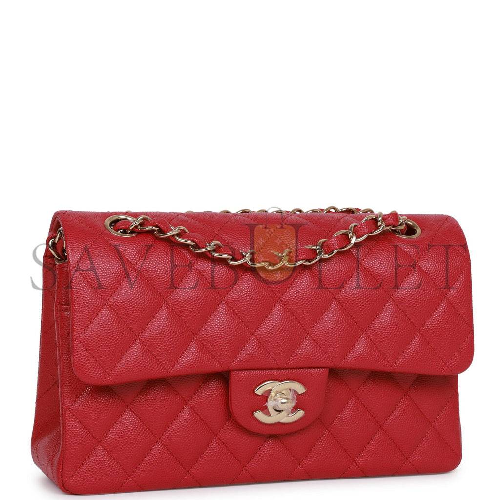 Ch*el small classic double flap dark pink caviar light gold hardware (23*13*6cm)