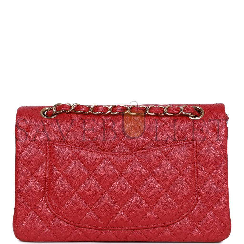 Ch*el small classic double flap dark pink caviar light gold hardware (23*13*6cm)