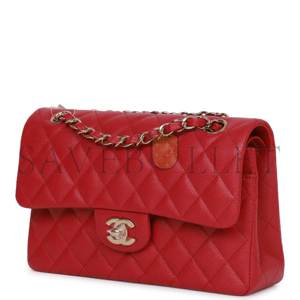 Ch*el small classic double flap dark pink caviar light gold hardware (23*13*6cm)