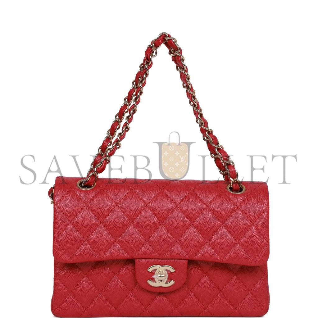 Ch*el small classic double flap dark pink caviar light gold hardware (23*13*6cm)