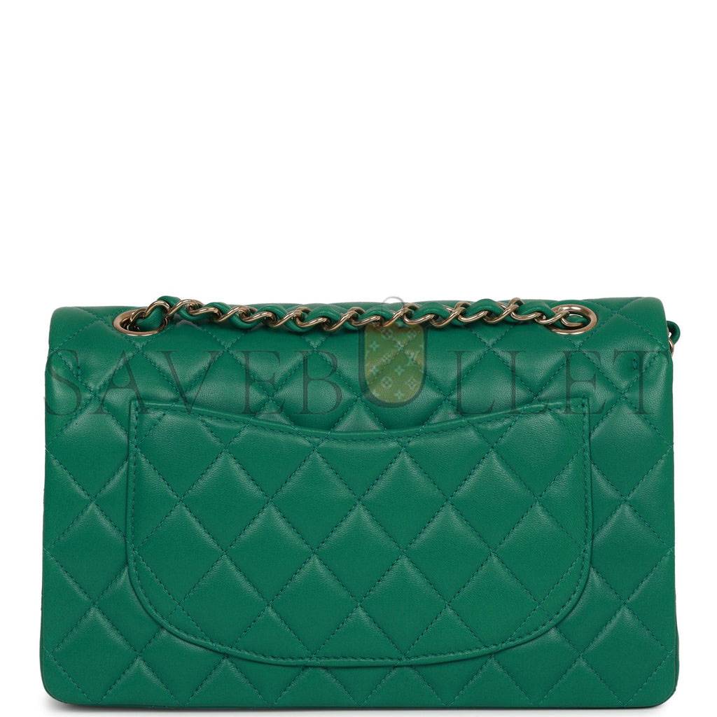 Ch*el small classic double flap bag green lambskin light gold hardware (23*13*6cm)