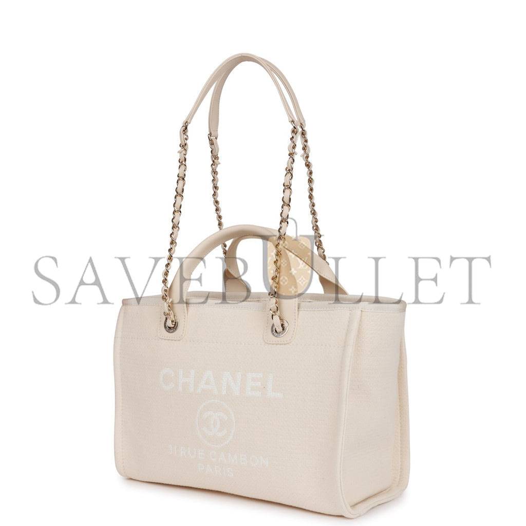 Ch*el small deauville shopping bag white boucle light gold hardware (34*27*15cm)