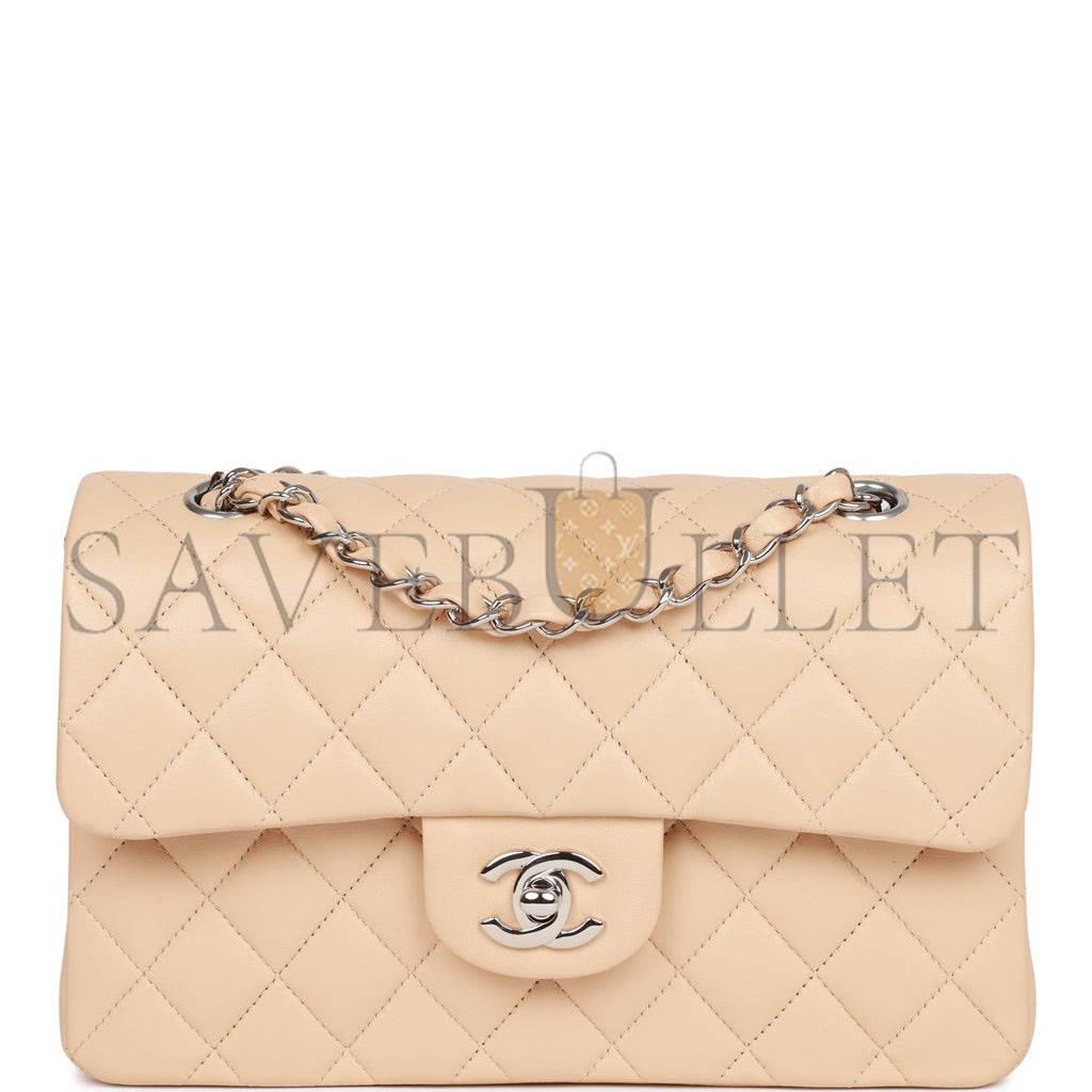 Ch*el small classic double flap beige lambskin silver hardware (23*13*6cm)