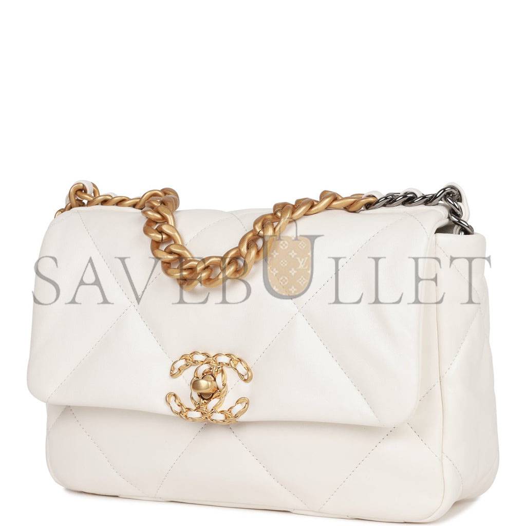 Ch*el medium 19 flap bag white calfskin mixed hardware (25*16*9cm)