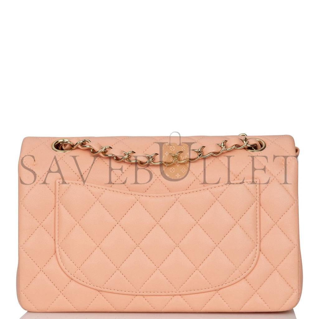 Ch*el small classic double flap peach lambskin light gold hardware (23*13*6cm)