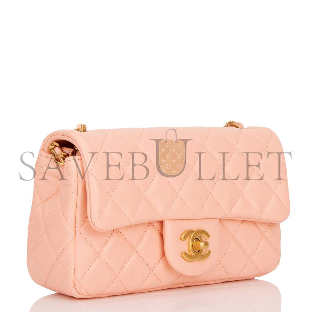 Ch*el pearl crush mini rectangular flap bag peach lambskin antique gold hardware (20*13*6cm)