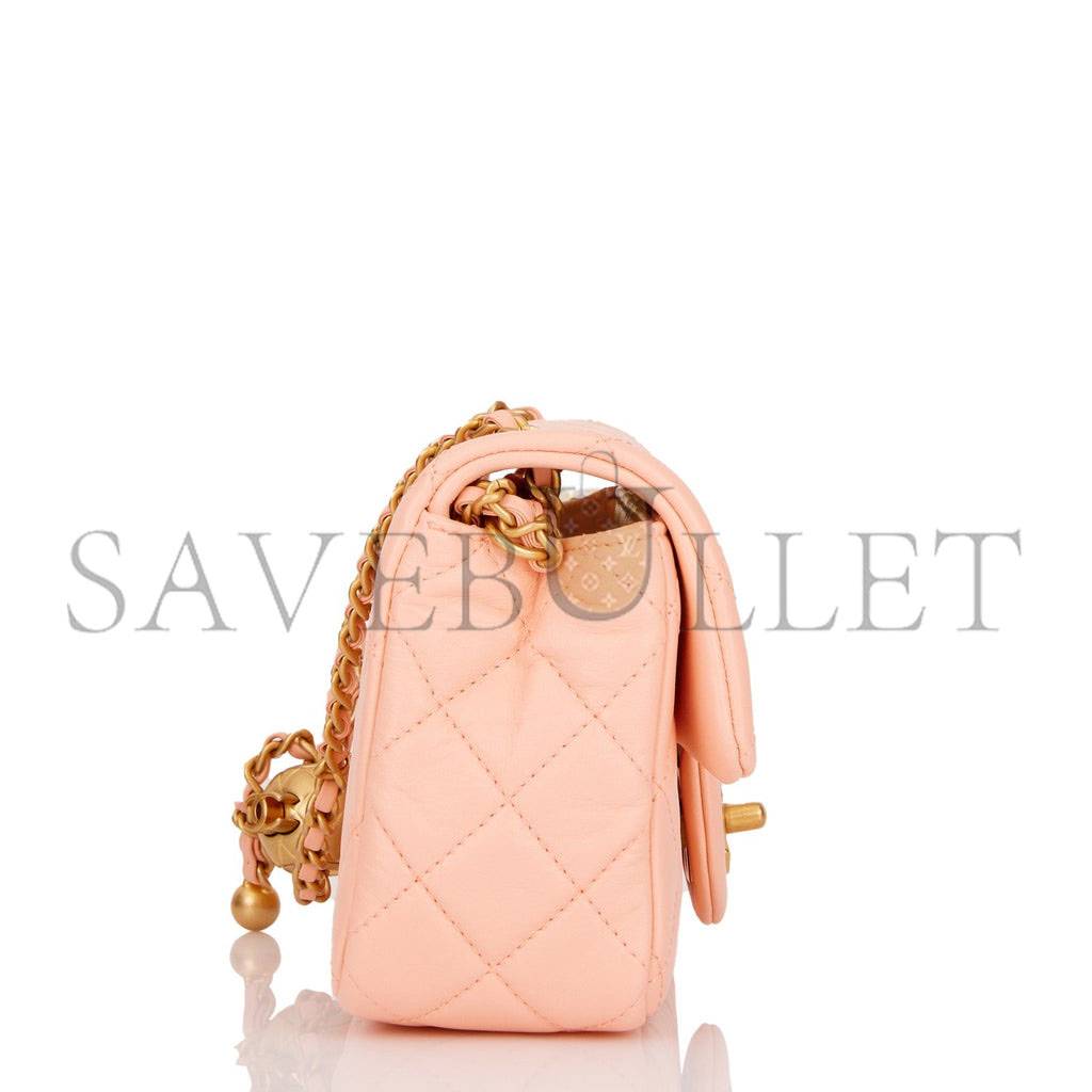 Ch*el pearl crush mini rectangular flap bag peach lambskin antique gold hardware (20*13*6cm)