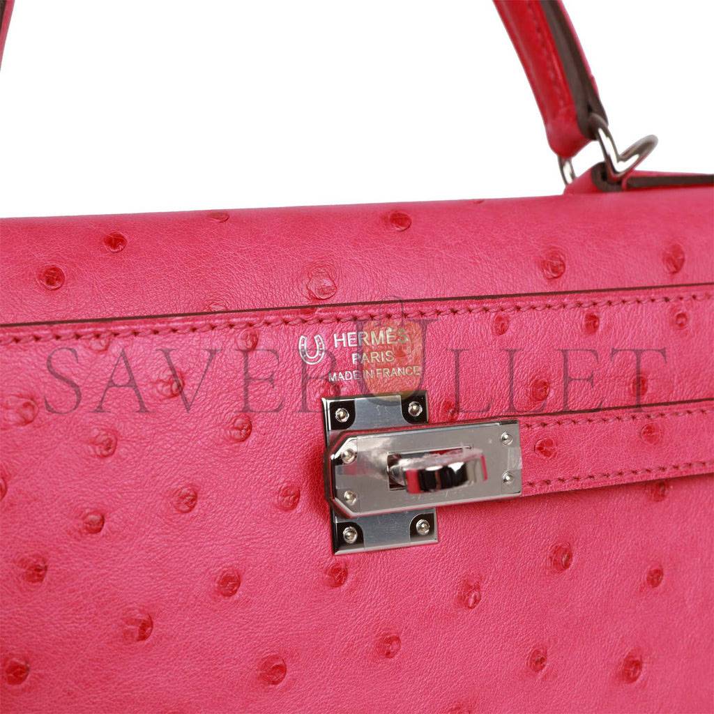 H**mes special order (hss) kelly sellier 25 rose tyrien verso ostrich palladium hardware handmade (25*17*7cm)