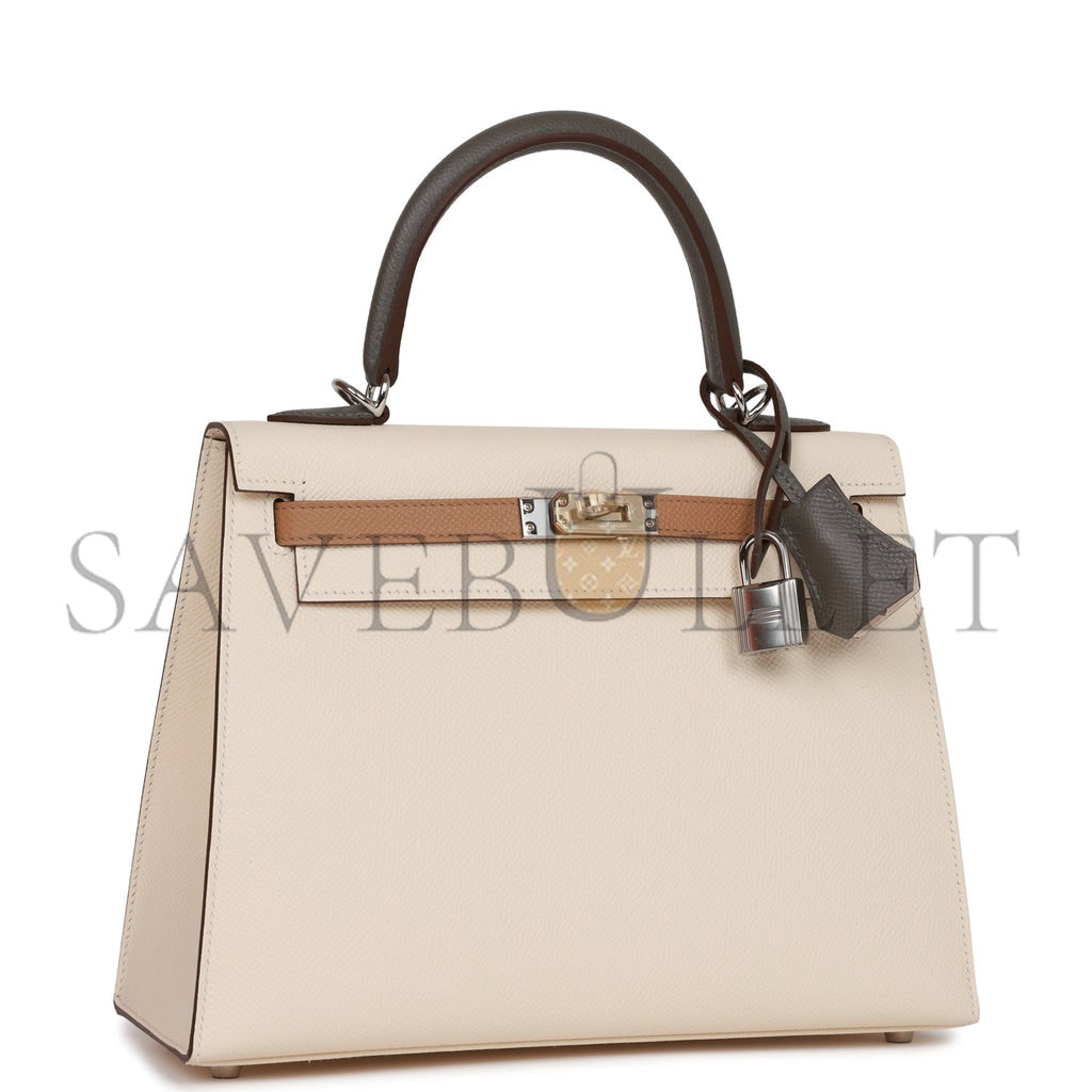 H**mes kelly sellier 25 tri-color nata, chai and gris meyer epsom palladium hardware (25*17*7cm)
