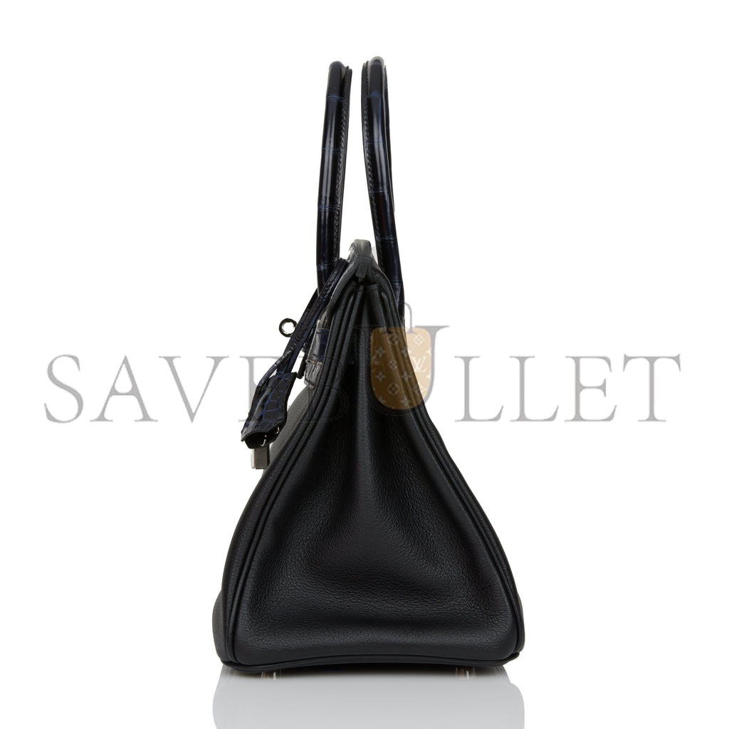 H**mes birkin 25 bleu marine shiny niloticus crocodile pattern and black novillo touch palladium hardware (25cm)