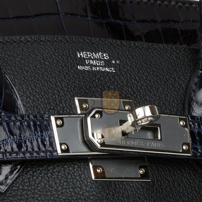H**mes birkin 25 bleu marine shiny niloticus crocodile pattern and black novillo touch palladium hardware (25cm)